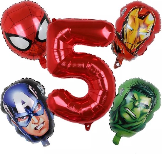 Marvel Superheld Ballonnen Set 5 jaar - 5 Stuks - Verjaardag Versiering Jongen - Marvel Hulk Spiderman Avengers Captain America Themafeest - Verjaardagsfeest Jongen - Feestpakket Marvel Avengers - Superheld Versiering
