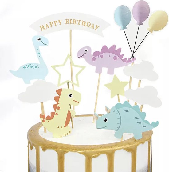 Dinosaurus Taart Versiering - Pastel - Dino Versiering - Happy Birthday - Dino Taart Decoratie - Jungle Taart Topper -Dino Taart Decoratie - Cupcake Versiering - Verjaardag Meisje - Verjaardag Jongen - Kinderfeestje - Taart Prikkers - Taarttopper