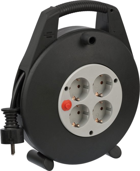 Brennenstuhl Vario Line kabelbox 4-voudig / minikabeltrommel (binnenkabeltrommel voor huishoudelijk gebruik, 10m kabel, Made in Germany) zwart/grijs