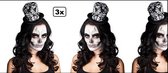 3x Tiara hoedje schedels zwart/wit - Griezelfeest scary halloween creepy griezel horror hoofddeksel diadeem