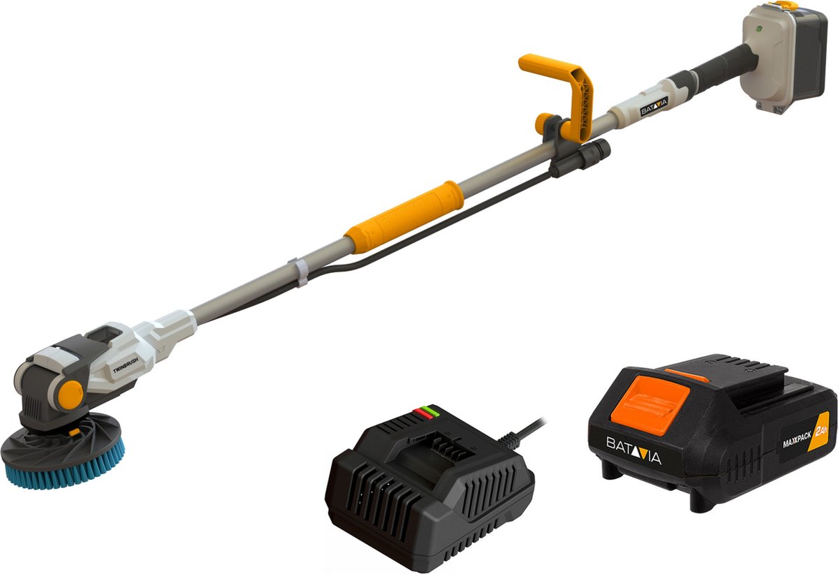 Batavia Accu 18V Twin Brush reinigingsborstel - Incl. 2.0Ah Li-ion Accu / 2.4A Oplader - 100% waterproof incl. tuinslangaansluiting - Flexibele kop -15° en 90° - Gepatenteerde 2-in-1 borstels die in tegengestelde richting draaien - Maxxpack