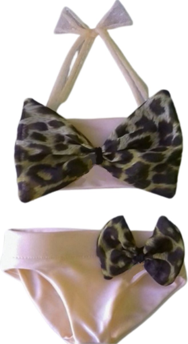 Maat 68 Bikini zwemkleding Beige Beige dierenprint badkleding voor baby en kind zwem kleding met panterprint strik