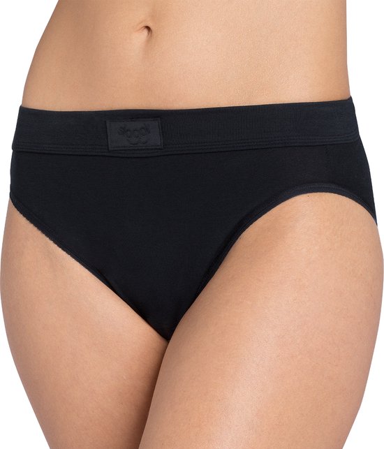 Slip tai noir pour femme Sloggi avec large ceinture élastique et étiquette logo.