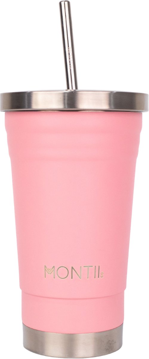 MontiiCo Original Smoothie beker - met deksel - dubbelwandig RVS - 450ml - Strawberry roze