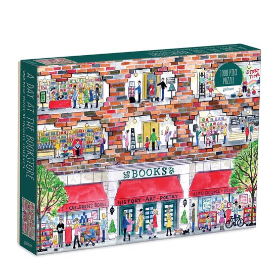 Doos van een 1000-delige puzzel met de titel 'A Day at the Bookstore', met een illustratie van de buitenkant van een boekenwinkel met bakstenen muren en veel ramen.