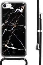 Casimoda® hoesje met koord - Geschikt voor iPhone 8 - Marmer Zwart - Afneembaar koord - Siliconen/TPU - Zwart