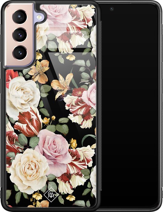Coque Samsung Galaxy S21 en verre - Fleurs flower power - Multi - Coque rigide Zwart - Coque arrière pour téléphone - Fleurs - Casimoda
