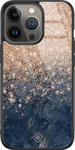 Casimoda® hoesje - Geschikt voor iPhone 13 Pro - Marmer Blauw Rosegoud - Luxe Hard Case Zwart - Backcover telefoonhoesje - Rosekleurig