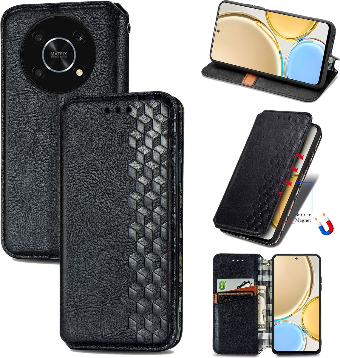Luxe PU Lederen Ruitpatroon Wallet Case voor Honor Magic4 Lite _ Zwart