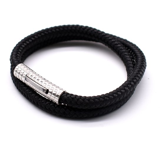 Armband zwart 17.5cm - Touwarmband met zilverkleurig hoogglans sluiting heren en dames - met Cadeauverpakking van Mauro Vinci