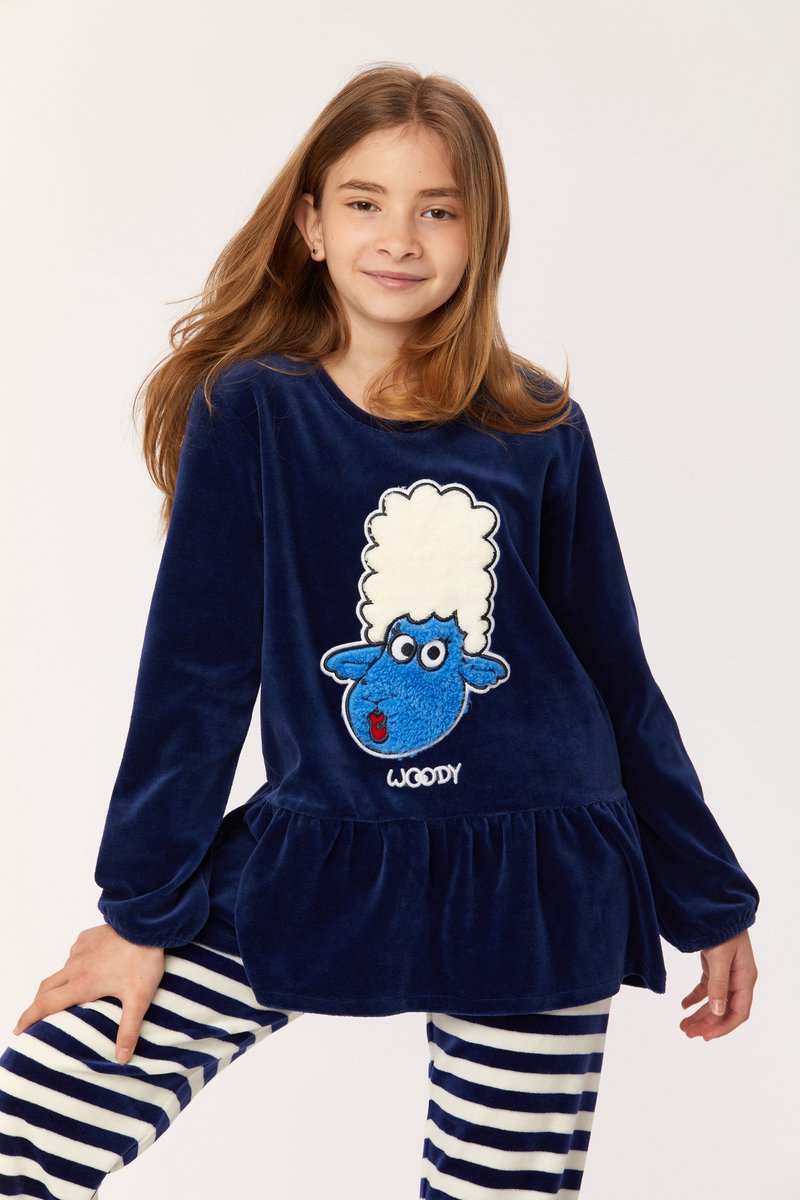 Woody pyjama velours garçon/homme - bleu foncé - mouton - 222-1-PLC- V/869  - taille 116
