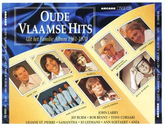 Cd-hoes met collage van portretten van artiesten, waaronder Rocco Granata, Jimmy Frey, Marc Dex en Louis Neefs.