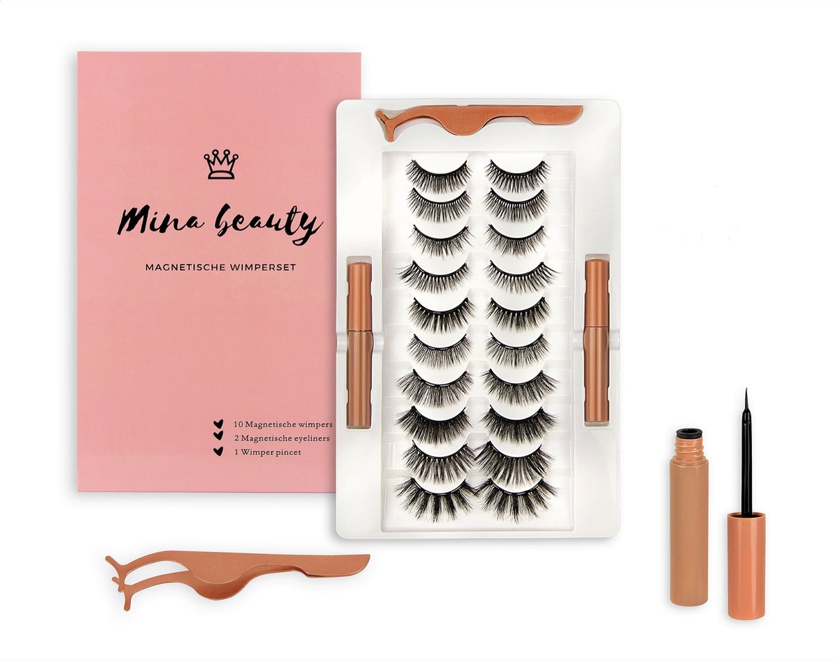 Mina Beauty Magnetische Wimpers – Magnetic lashes - Wimperset (10 stuks) met 2 Magnetische Eyeliners en een Applicator