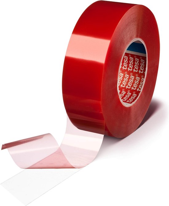 Tesa dubbelzijdige tape, rol met glanzend rode beschermlaag.