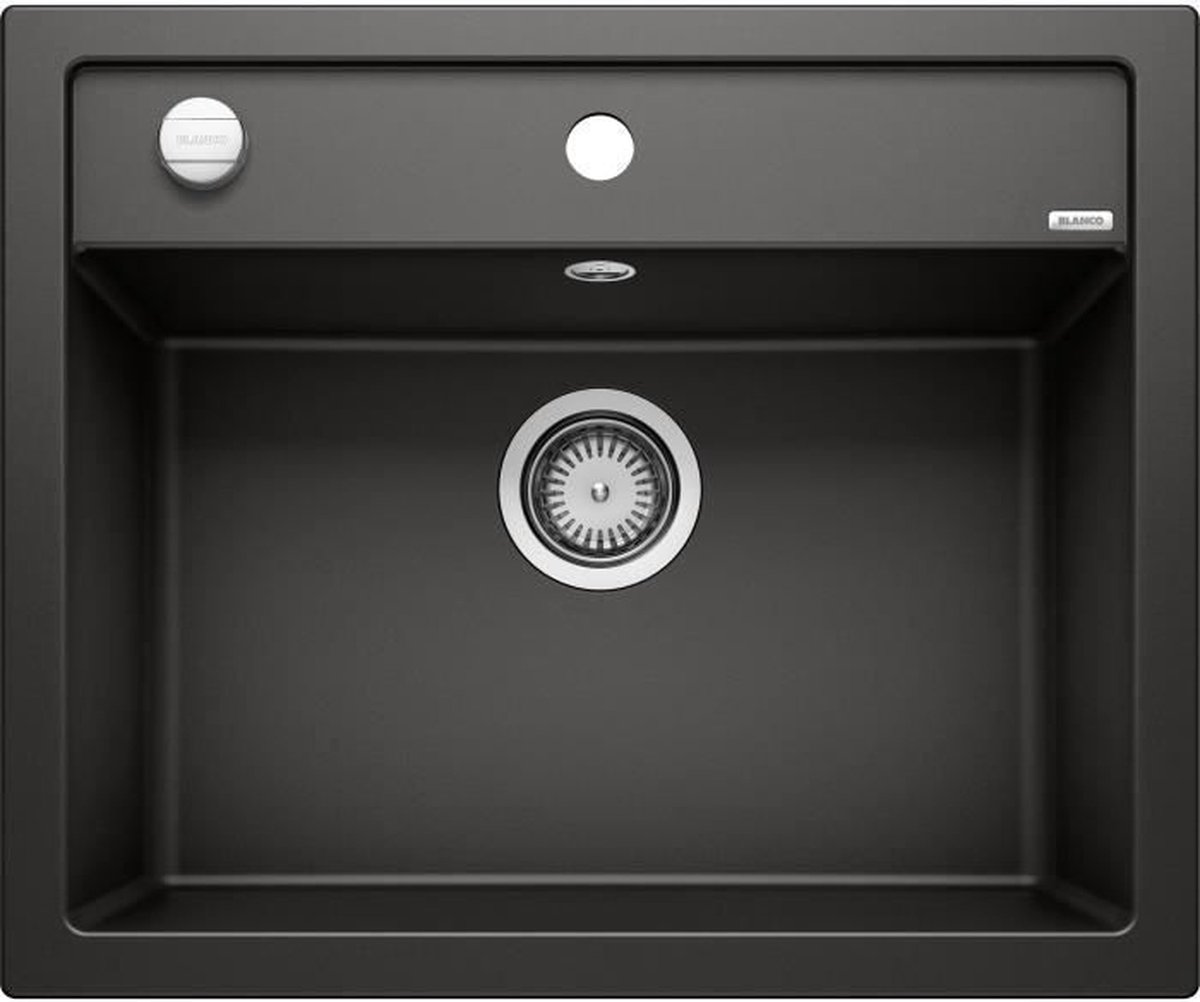 Zwarte Silgranit keukenspoelbak 61,5 x 51 cm, ingebouwd of geïntegreerd, 1 bak zonder afdruiprek, BLANCO DALAGO 6, automatische afvoer, sifon