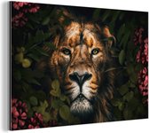 Wanddecoratie Metaal - Aluminium Schilderij Industrieel - Jungle - Leeuw - Bloemen - Planten - 150x100 cm - Dibond - Foto op aluminium - Industriële muurdecoratie - Voor de woonkamer/slaapkamer