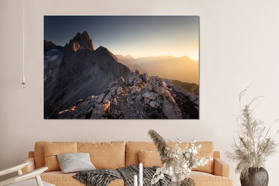 Wanddecoratie Metaal - Aluminium Schilderij Industrieel - Uitzicht over de bergen - 150x100 cm - Dibond - Foto op aluminium - Industriële muurdecoratie - Voor de woonkamer/slaapkamer