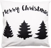 Clayre & Eef Kussenhoes 45x45 cm Wit Zwart Polyester Vierkant Kerstboom Merry Christmas Sierkussenhoes