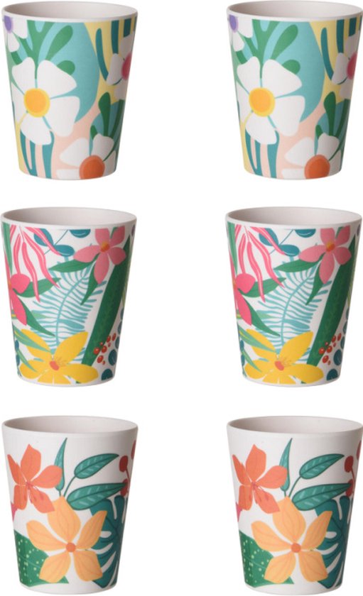 Set van 6 melamine bekers Tropical, 10 cm hoog