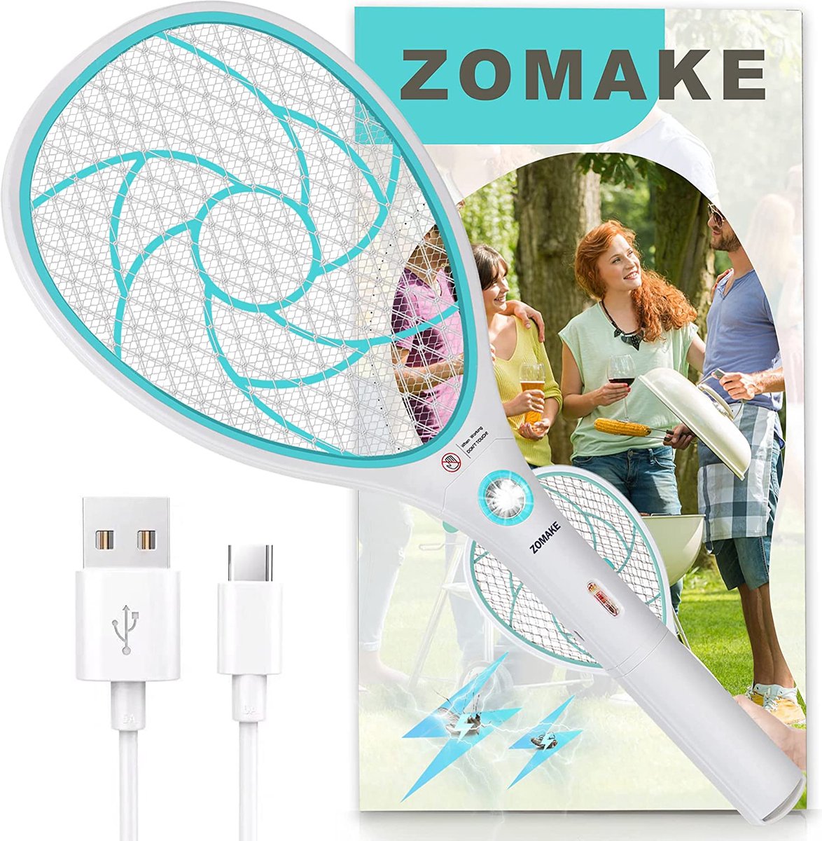 ZOMAKE Elektrische vliegenmepper, oplaadbaar via USB, elektrisch, extra sterk, voor buiten en binnen, elektrische vliegenvanger voor muggen en insecten, blauw