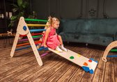 Wood and Hearts Montessori houten speeltoestel voor kinderen - klimdriehoek Pikler met glijbaan en klimwand - verstelbaar - Naturel en regenboog