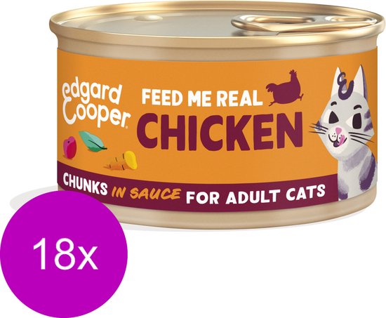 Edgard & Cooper Kattenvoer Graanvrij Natvoer voor Katten Gesteriliseerde of Actieve Kat Natuurlijke Stukjes in Saus 85g x 18 Verse Kip, Smakelijk en Uitgebalanceerd, Vers Vlees