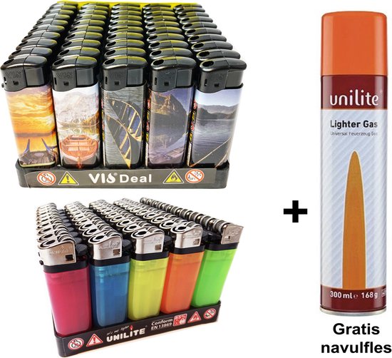 Aanstekers voordeel pak mix 100 stuks + gasfles - vuursteen en klik  aanstekers | bol.com