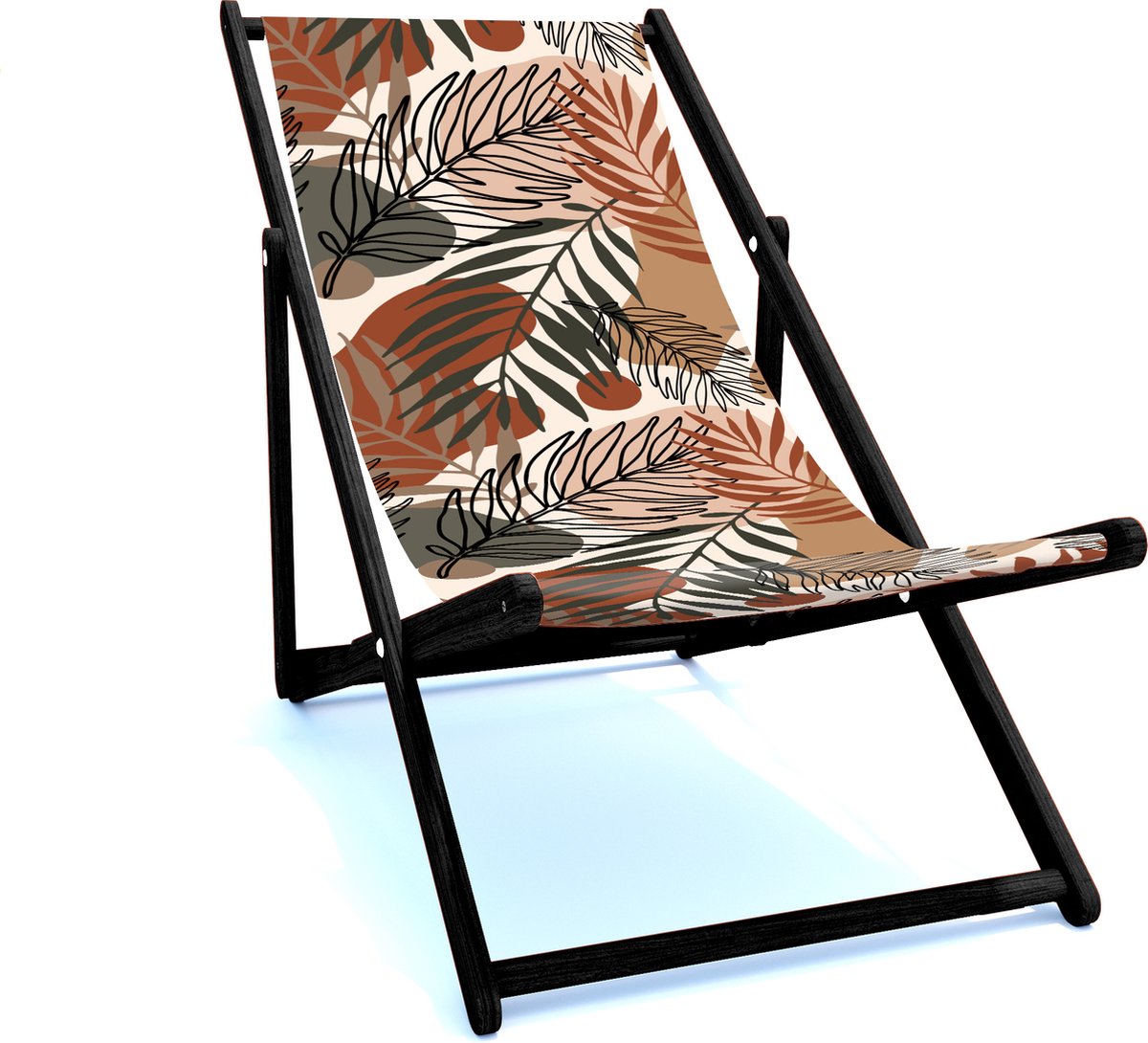 Holtaz Strandstoel Hout Inklapbaar Comfortabele Zonnebed Ligbed met verstelbare Lighoogte met stoffen Bladeren zwart houten frame