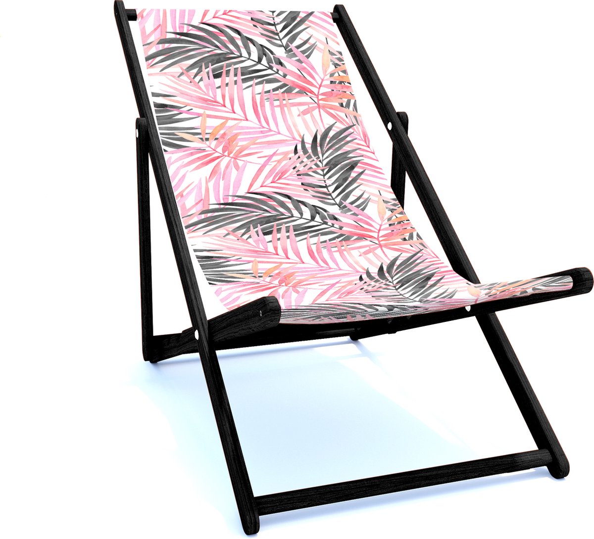 Holtaz Strandstoel Hout Inklapbaar Comfortabele Zonnebed Ligbed met verstelbare Lighoogte met stoffen Bladeren zwart houten frame