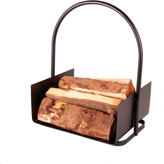 Zwarte metalen houtmand met gebogen handvat, gevuld met 3 stukken hout.
