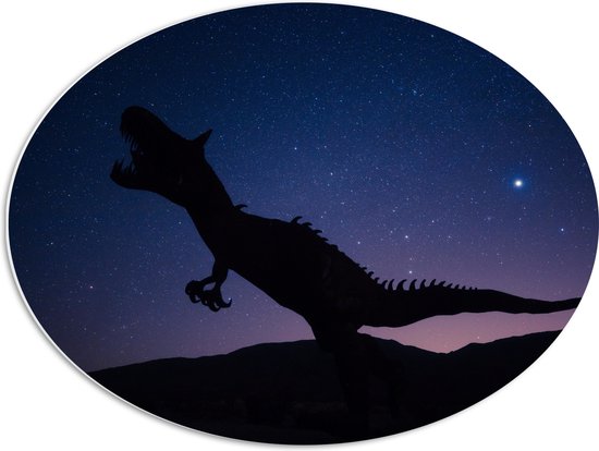 WallClassics - PVC Schuimplaat Ovaal - Silhouette van een Dinosaurus in de Nacht - 68x51 cm Foto op Ovaal  (Met Ophangsysteem)