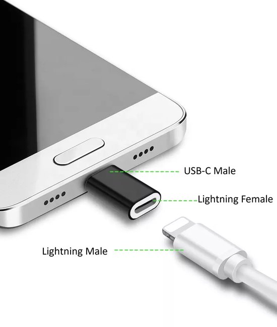 Connecteur mâle USB-C noir dans un téléphone blanc, avec un connecteur mâle Lightning blanc présenté à côté. "USB-C Male", "Lightning Female" et "Lightning Male" sont indiqués.