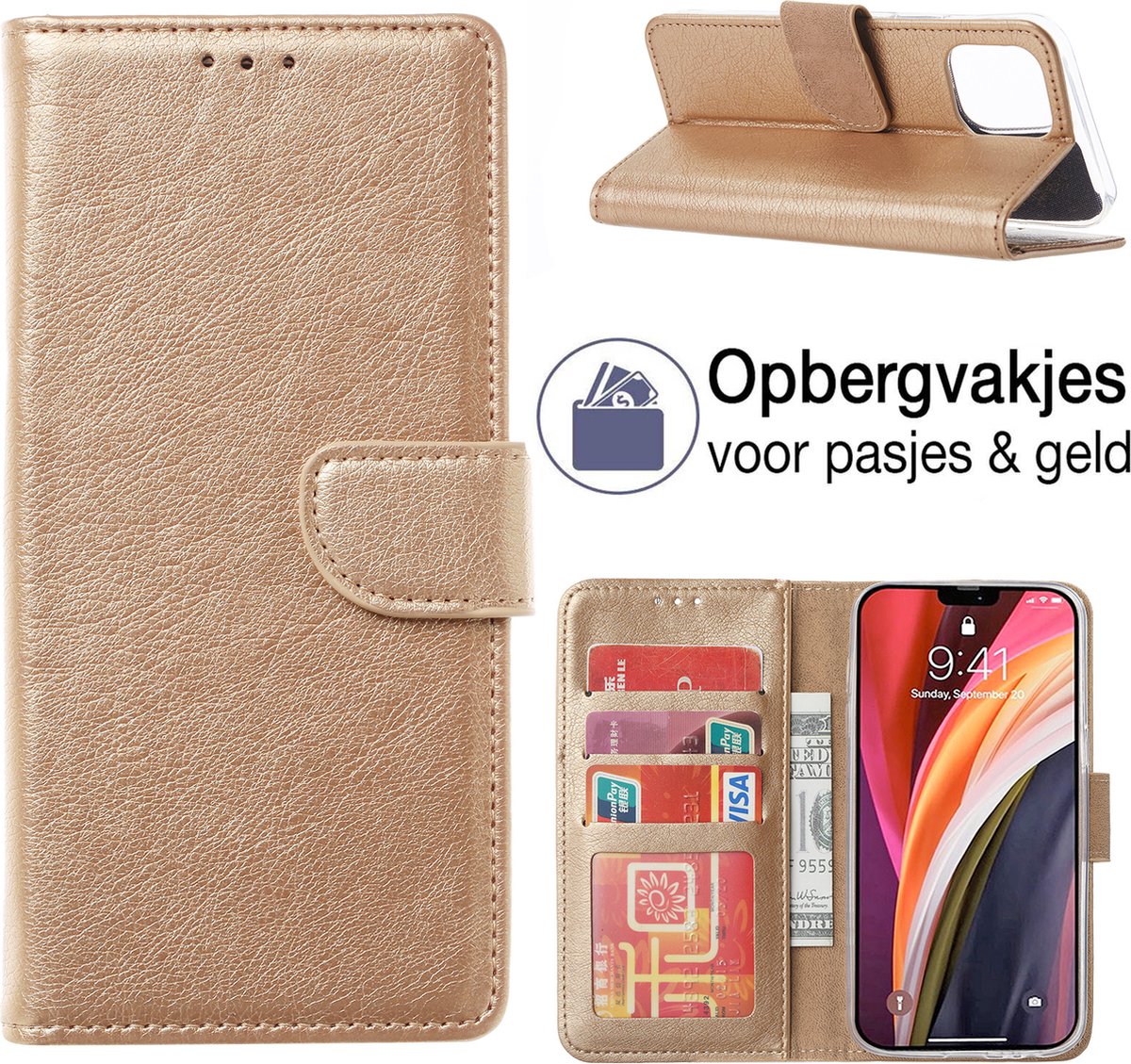 iPhone 14 Plus Book Case - Portemonnee hoesje - PU Lederen hoes - iPhone 14 Plus wallet case met multi-stand functie - Goud - EPICMOBILE