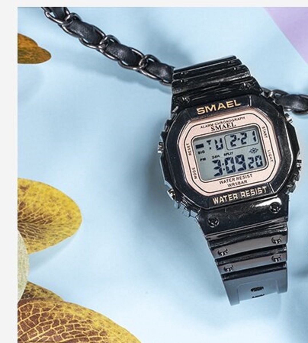 Digitaal Shockbestendig Horloge Zwart Rosé Goud | Smael | Waterdicht | Glow in dark | Mud Master | Mudmaster | Shock | Licht | Rubberen band | 1905 | Timer | Eyecatcher | Master | Kado| Cadeau