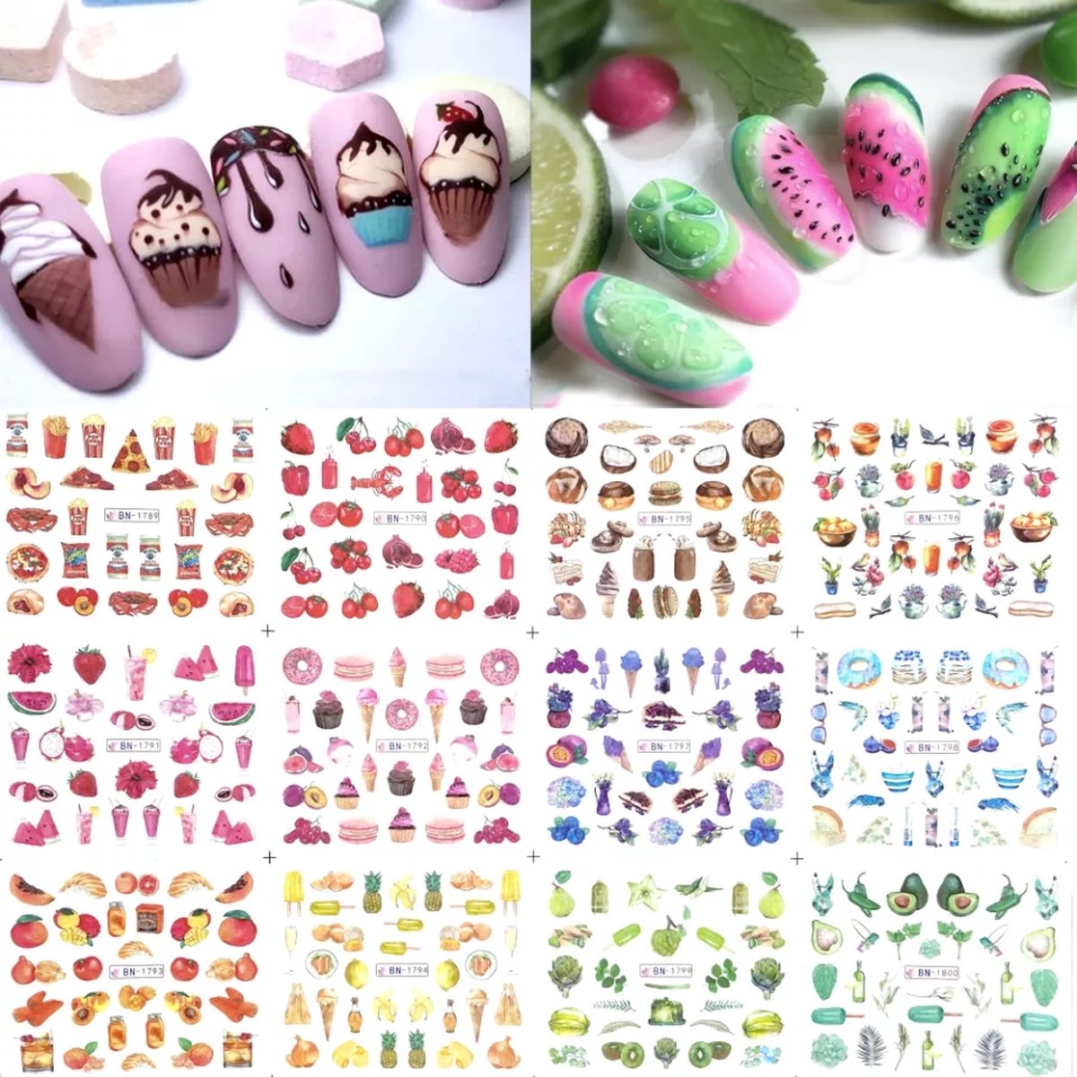 Goedkoopste Nagel stickervel Eten & Fruit met 9 designs water transfer stickers | nail art | nagelstickers | Sparkolia