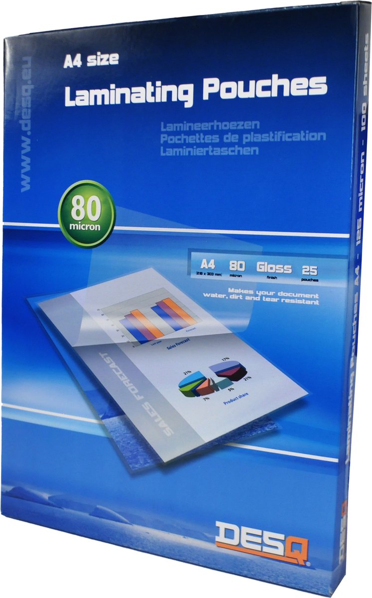 DESQ® Lamineerhoes | A4 | 80 micron | Glanzend | 25 stuks | 303 x 216 mm | Premium | 71241