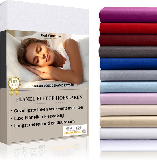 Bed Couture  Flanel Fleece Hoeslaken - 100% Katoen Extra zacht en Warm -  Eenpersoons - 80x200+30  Cm - Wit