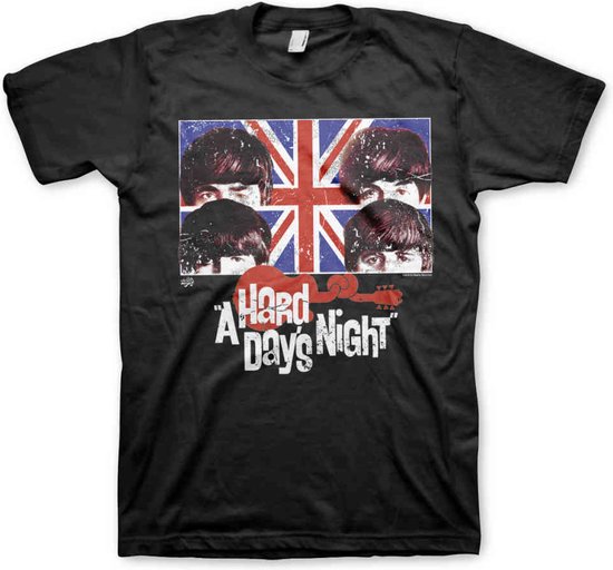 Zwarte T-shirt met The Beatles, "A Hard Day's Night" opdruk en de Britse vlag.