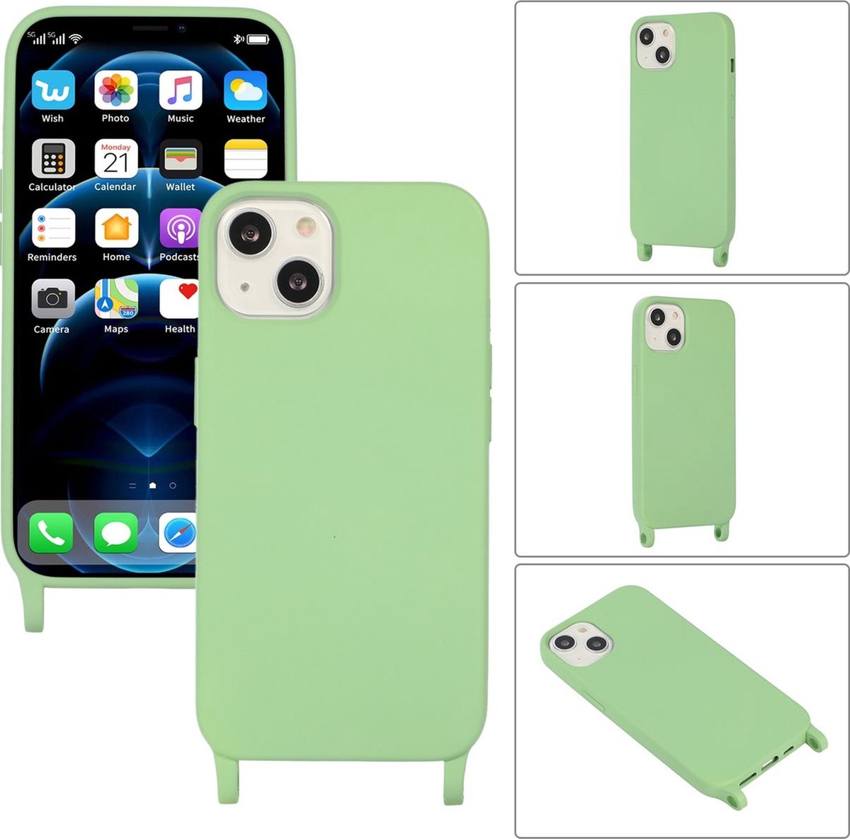 Mobigear Telefoonhoesje geschikt voor Apple iPhone 14 Plus Siliconen | Mobigear Lanyard Hoesje met koord - Groen