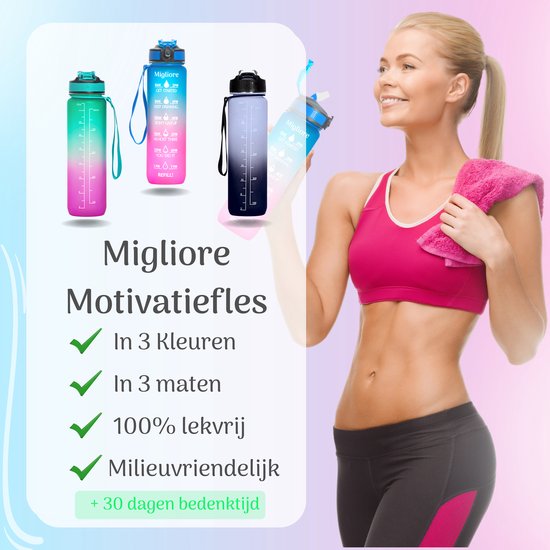 Migliore Drinkfles – Luxe Drinkfles Met Rietje – Waterfles 1 Liter – Water Bottle – Motivatie Waterfles met Tijdmarkeringen, Ook in 600 ml en 2 Liter