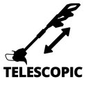 Zwart-wit icoon van een telescopische grastrimmer met dubbele pijl die lengteverstelling aangeeft.