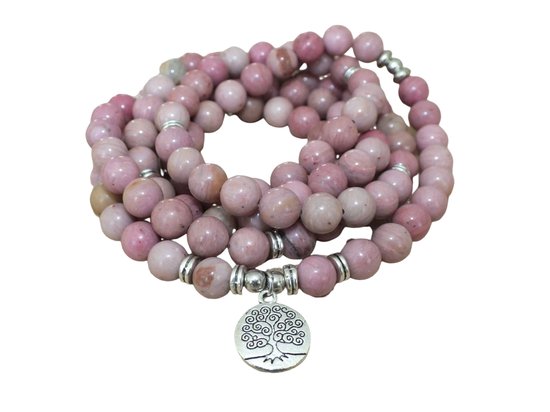 108 Kralen Levensboom Roze Mala Ketting | 8mm Rhodochrosiet Edelsteen | Meditatie Kralenketting | Rozenkrans | Vrouwen Mannen Armband | Sparkolia