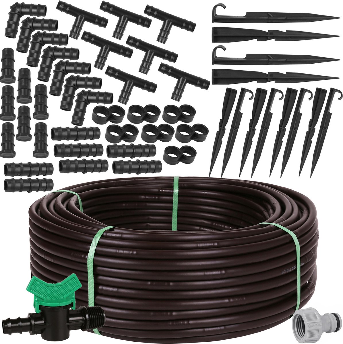 Bruine druppelleiding met drukcompensatie 16mm - 2,2 l/h + Gardena kraanaansluiting - MADE IN EU / 75m + Accessoires