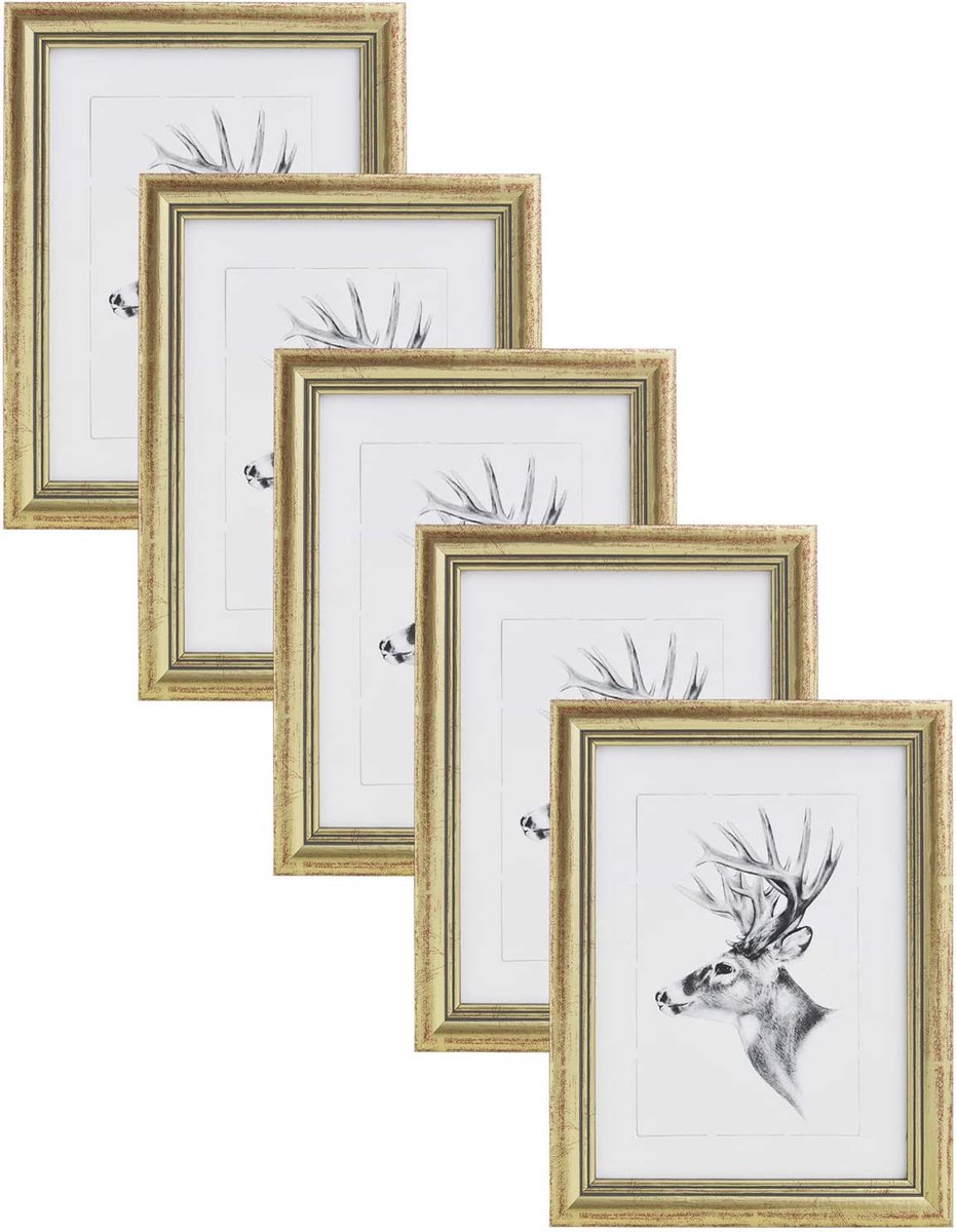 Furnibella - Fotolijstje Goud set van 5 in Houten en glas,Fotolijstjes Decoratief 30x40cm