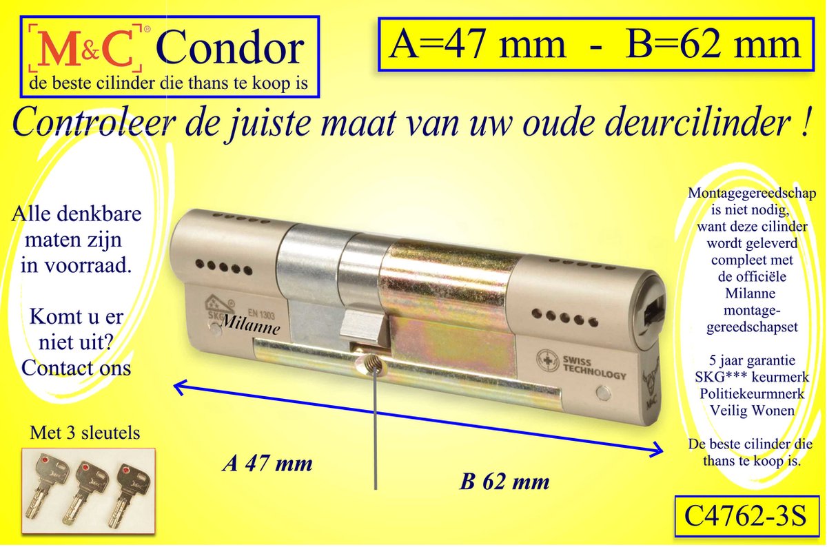 M&C Condor - High Security deurcilinder - SKG*** - 47x62 mm - Politiekeurmerk Veilig Wonen - inclusief gereedschap montageset
