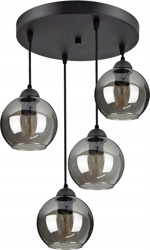 Hanglamp Industrieel voor Woonkamer, Eetkamer -  Zwart Glas - 4-lichts - Zwart Transparant - 4 bollen