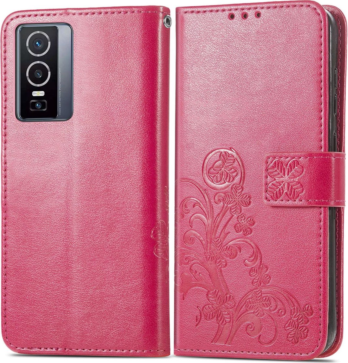 Mobigear Telefoonhoesje geschikt voor Vivo Y76 Hoesje | Mobigear Clover Bookcase Portemonnee | Pasjeshouder voor 3 Pasjes | Telefoonhoesje voor Pinpas / OV Kaart / Rijbewijs - Magenta