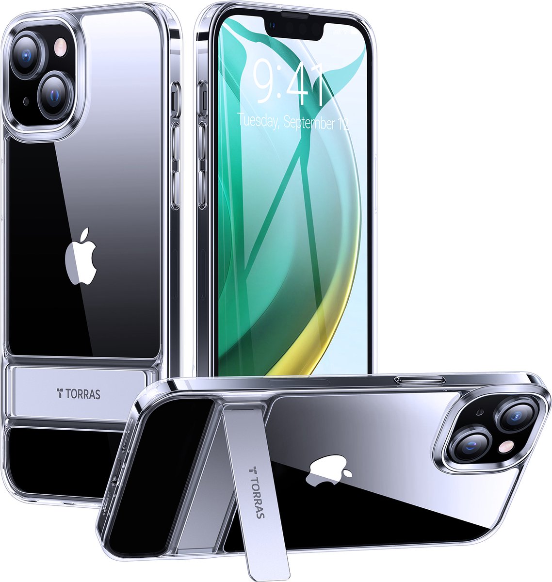 Torras geschikt voor iPhone 14 Plus Transparant & Kickstand standaard hoesje