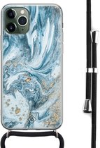 Casimoda® hoesje met koord - Geschikt voor iPhone 11 Pro Max - Marble Sea - Afneembaar koord - Siliconen/TPU - Blauw