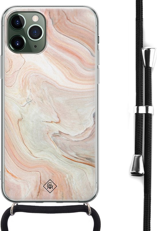 Casimoda® hoesje met koord - Geschikt voor iPhone 11 Pro Max - Marmer Waves - Afneembaar koord - Siliconen/TPU - Bruin/beige